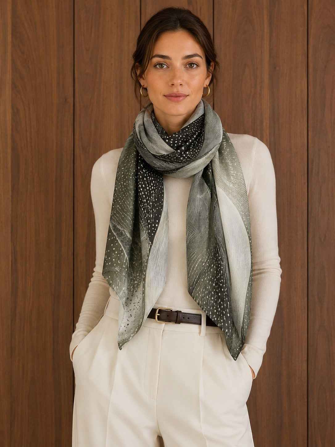 Foulard en viscose kaki à imprimé pointillé porté noué autour du cou