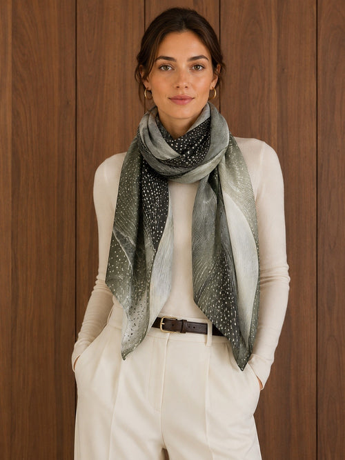 Foulard en viscose kaki à imprimé pointillé porté noué autour du cou