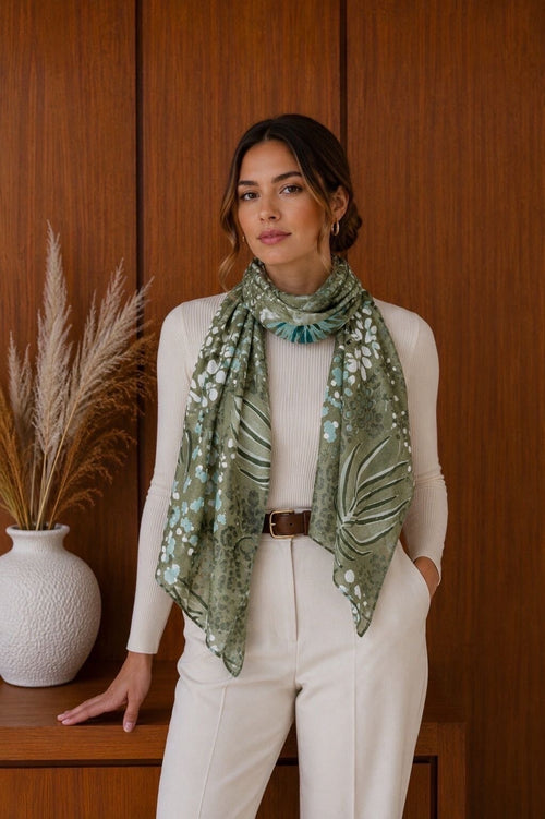 Foulard en viscose vert sauge à imprimé botanique porté sur un haut écru