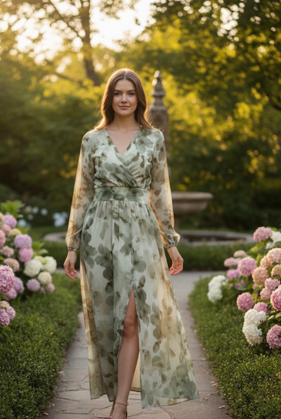 Robe longue cache-cœur imprimée sauge