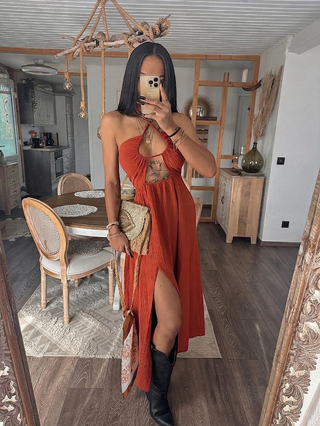 Robe longue dos nu en gaze de coton — Terracotta