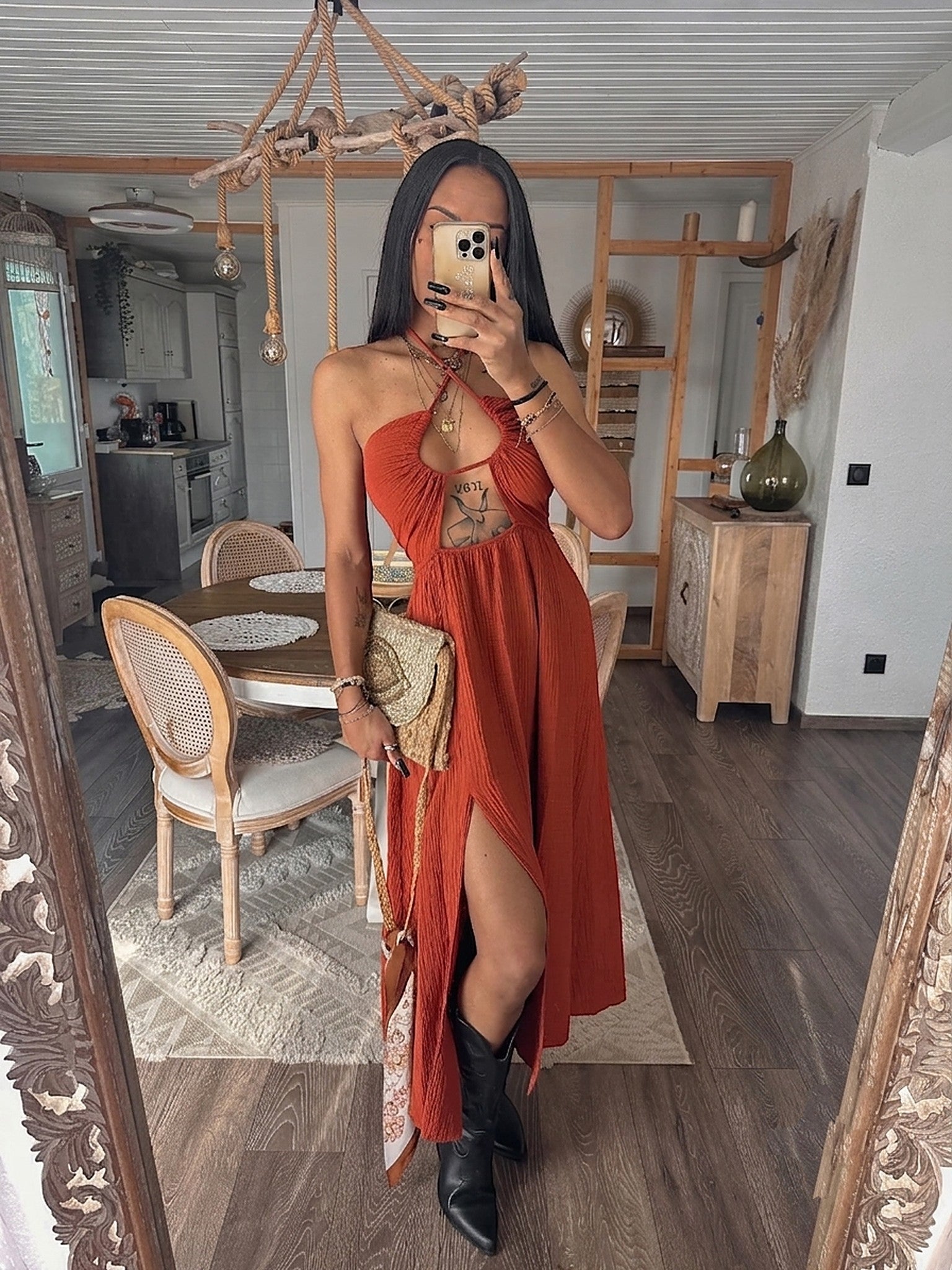 Robe longue dos nu en gaze de coton — Terracotta