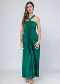 Robe longue plissée en satin émeraude col halter
