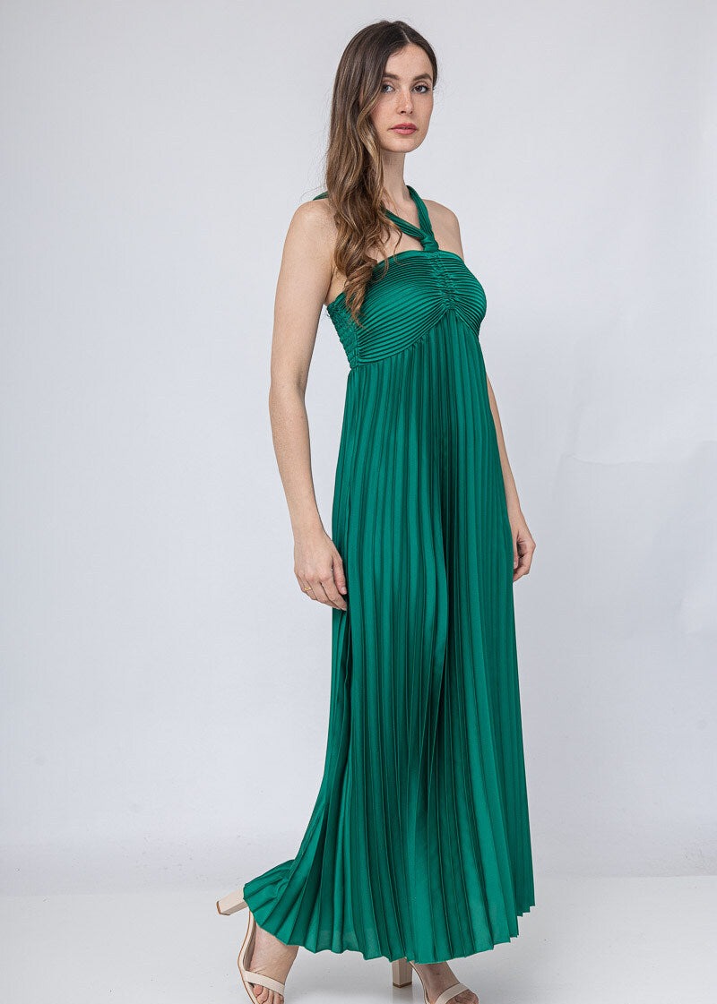 Robe plissée satin émeraude détail plissé