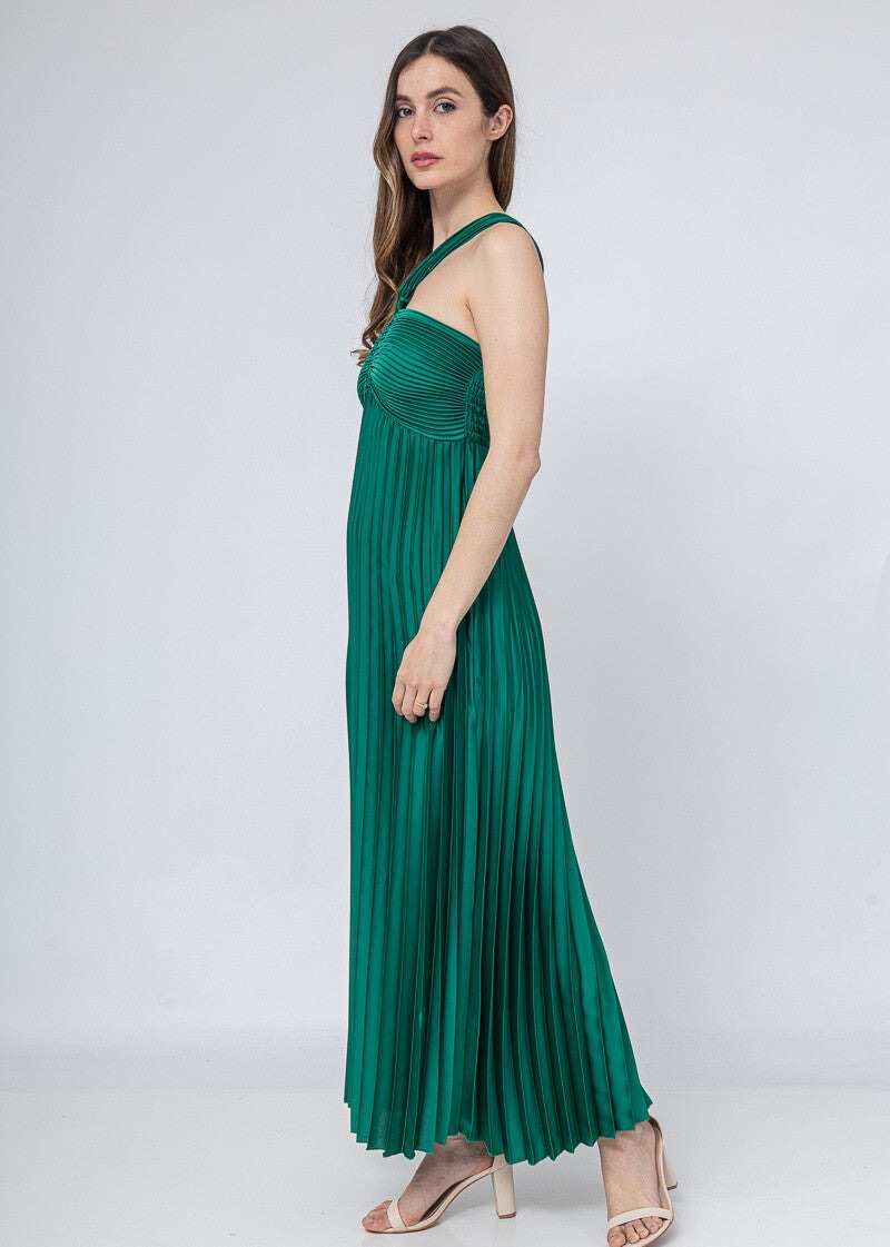 Robe plissée satin émeraude vue de dos