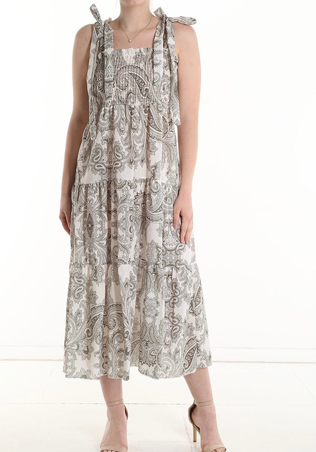 Robe longue bohème smockée imprimé olive