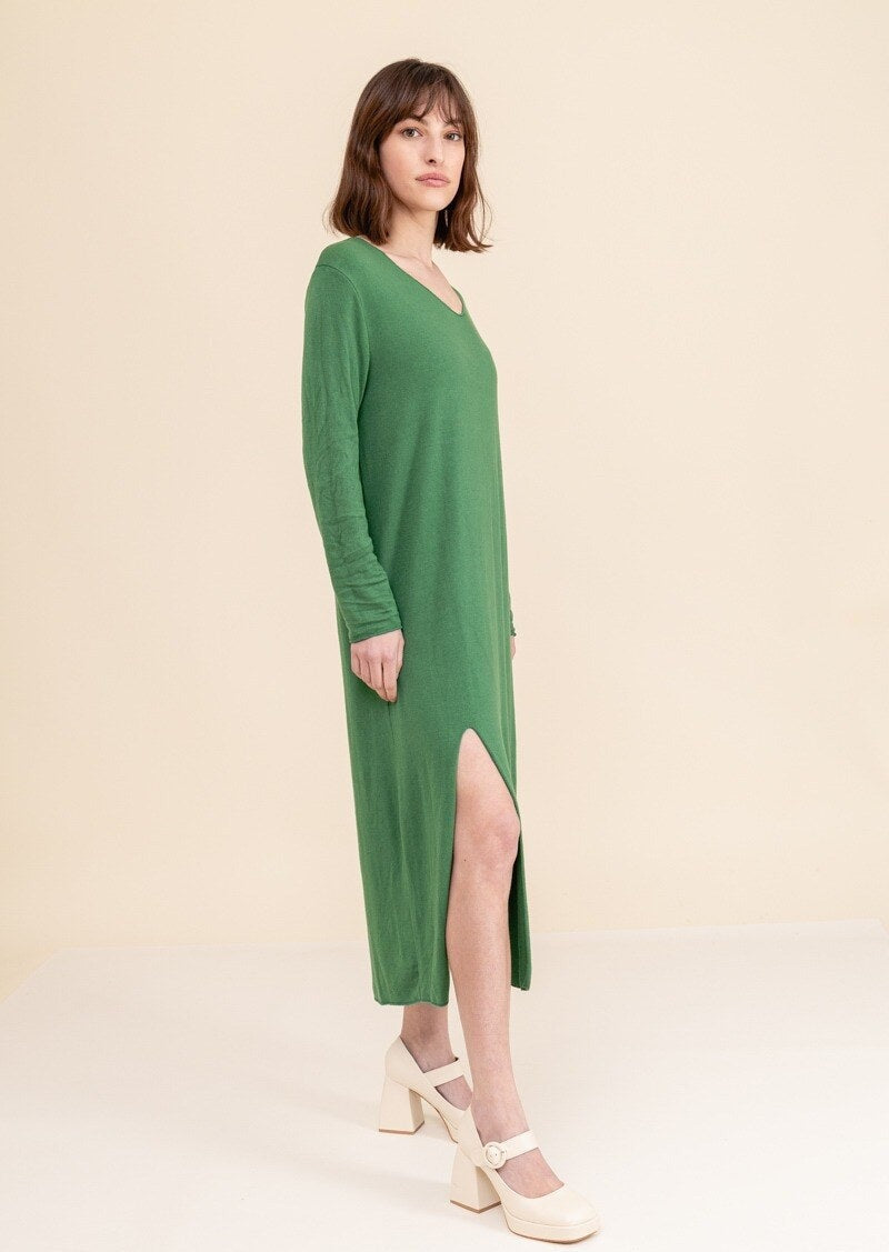 Robe maille verte détail fente
