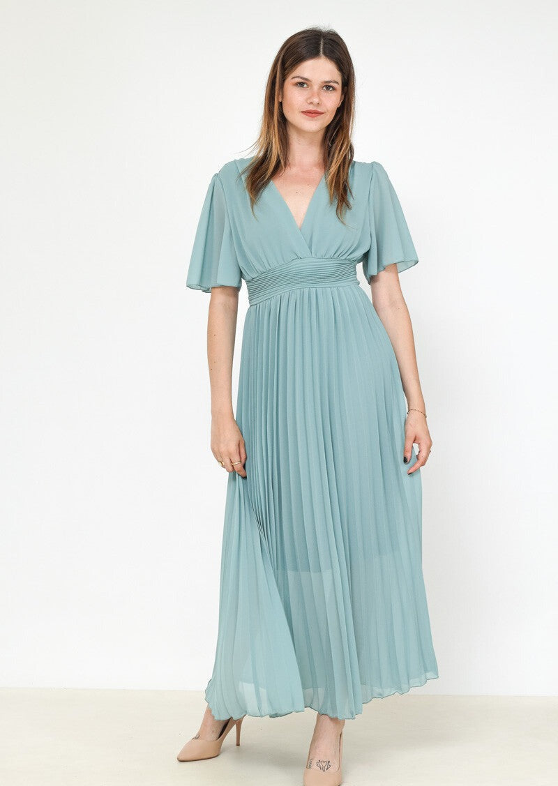 Robe plissée midi céladon