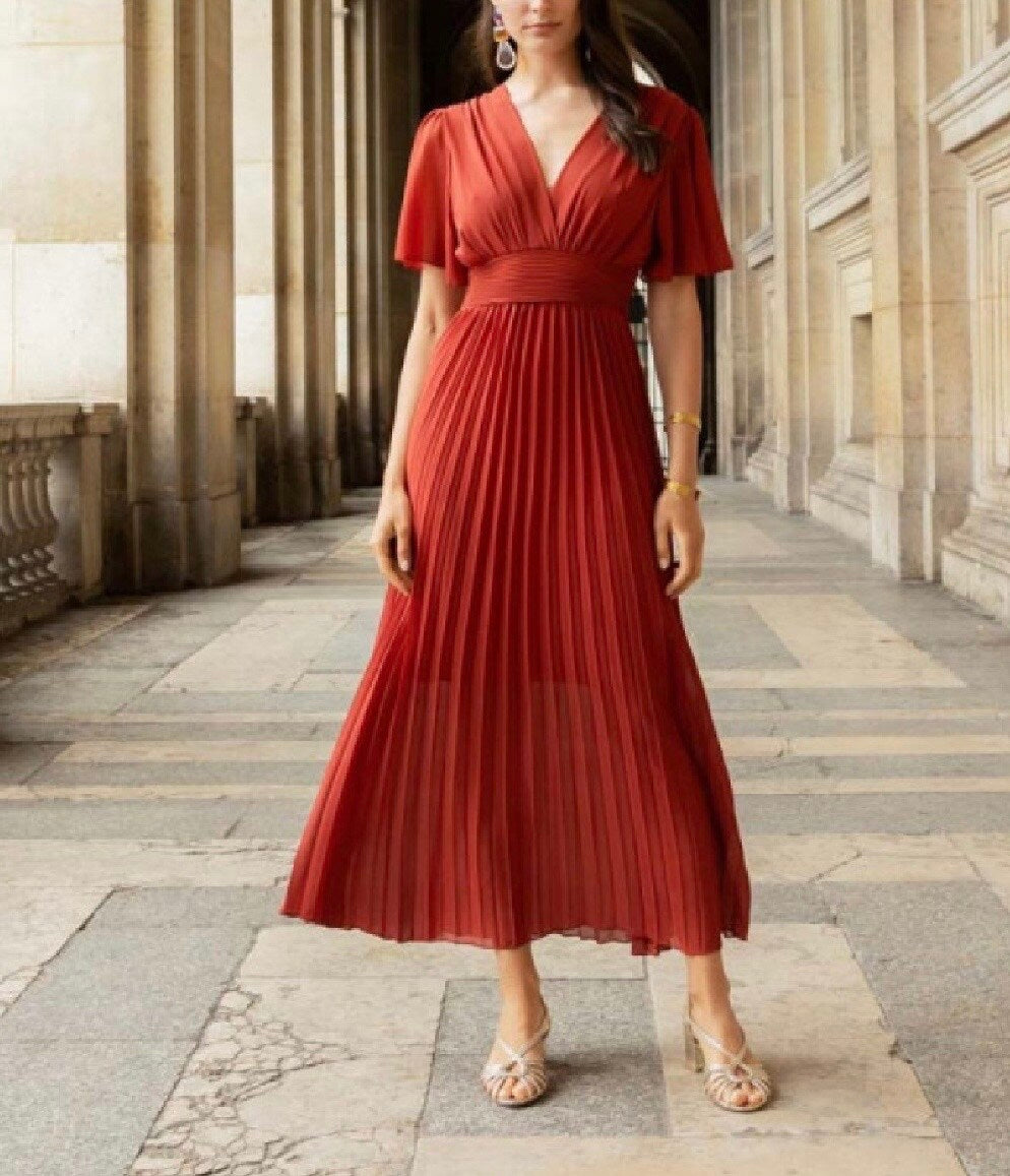 Robe plissée midi terracotta