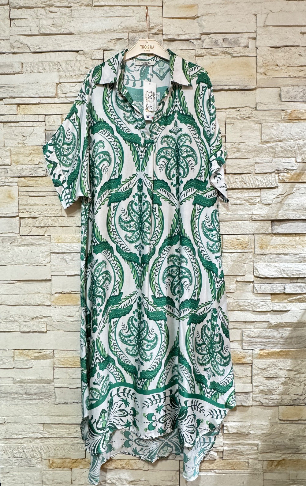 Robe satin viscose sauge vue portée