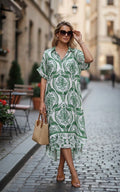 Robe satin viscose imprimée vert sauge